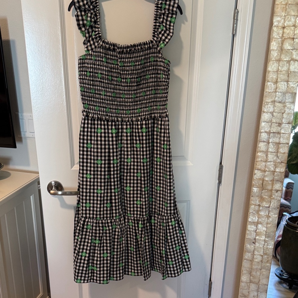 Kate Spade Black and White Gingham Maxi Dress with Green Accents